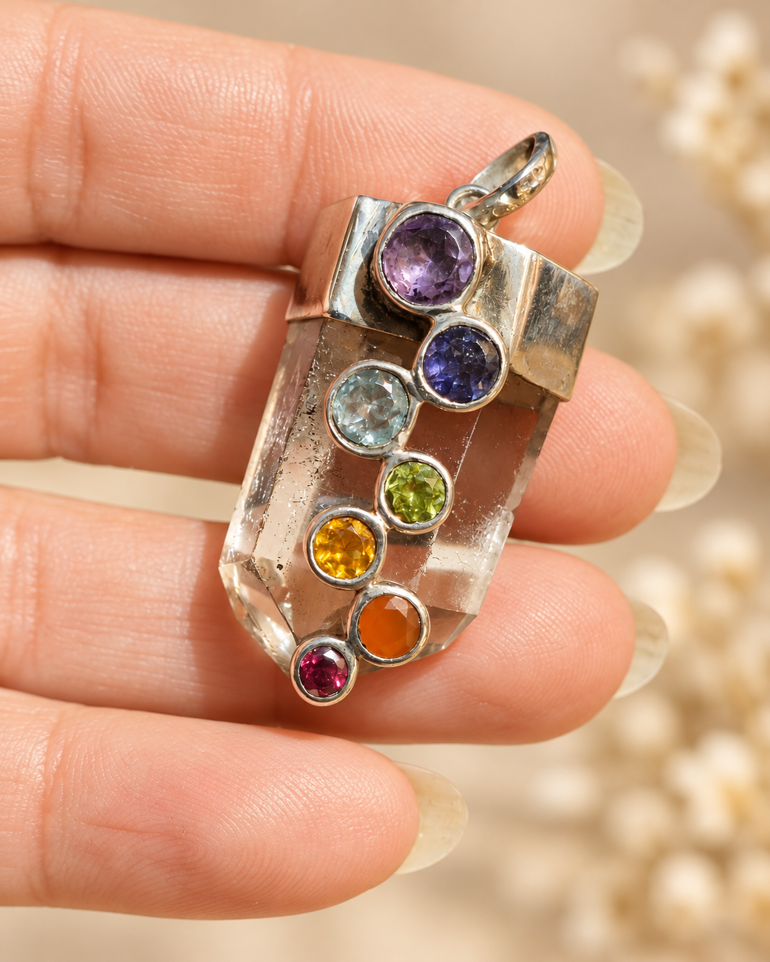 pendentif 7 chakras cristal de roche et argent