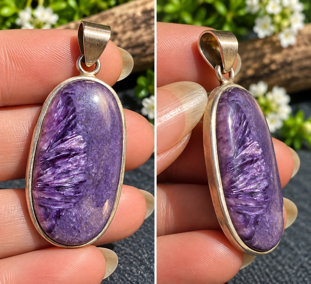Pendentif en charoïte naturelle – Argent – Pièce unique