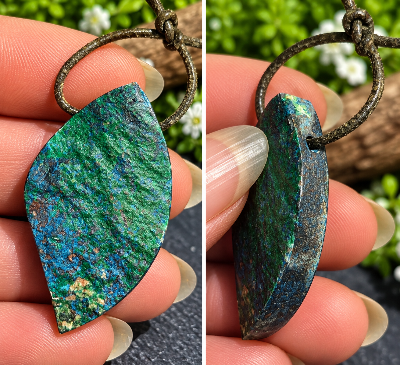 Pendentif en diopside shattuckite – Pierre naturelle percée – Pièce unique