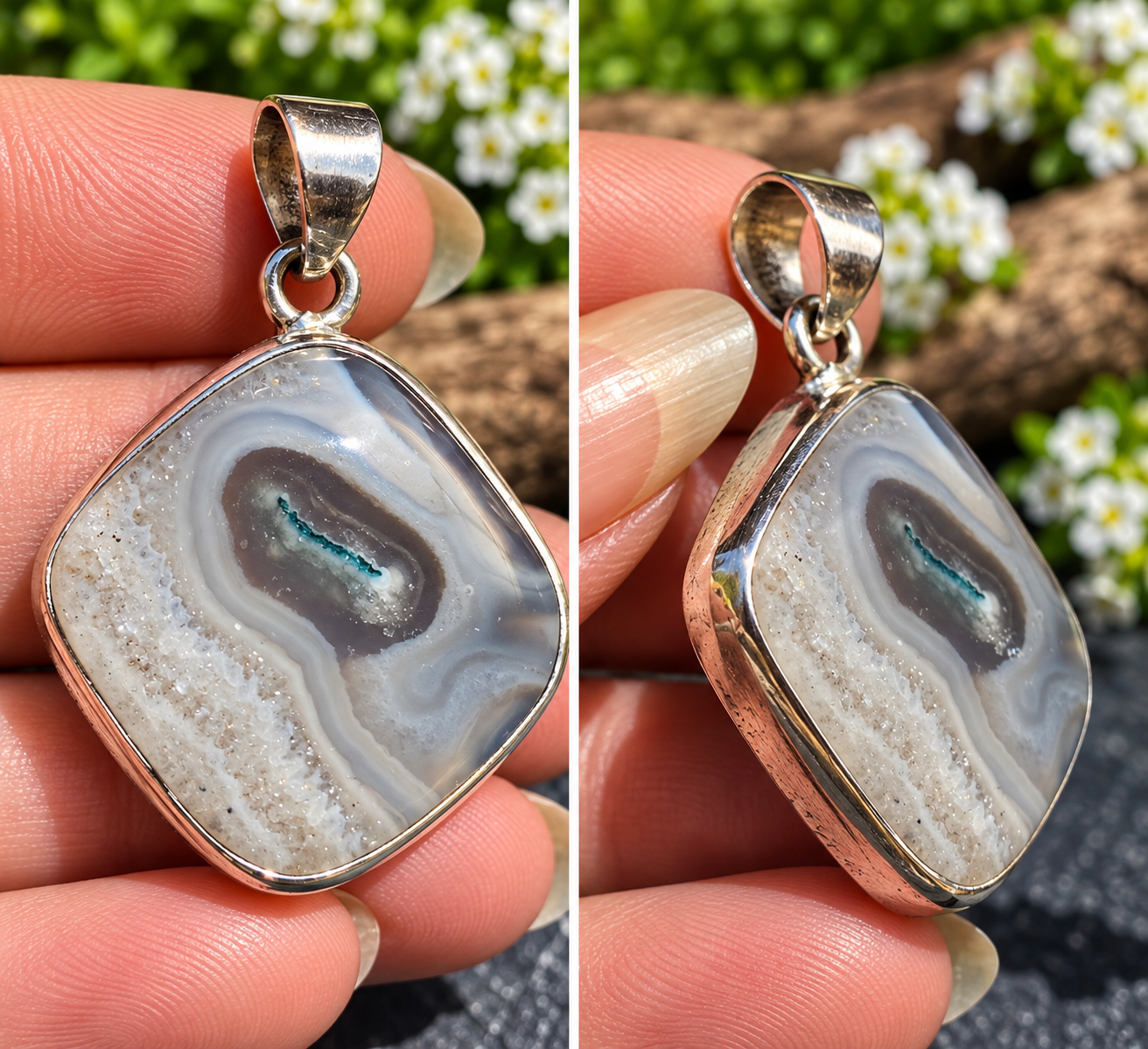 Pendentif en agate naturelle cerclée d’argent – Pièce unique