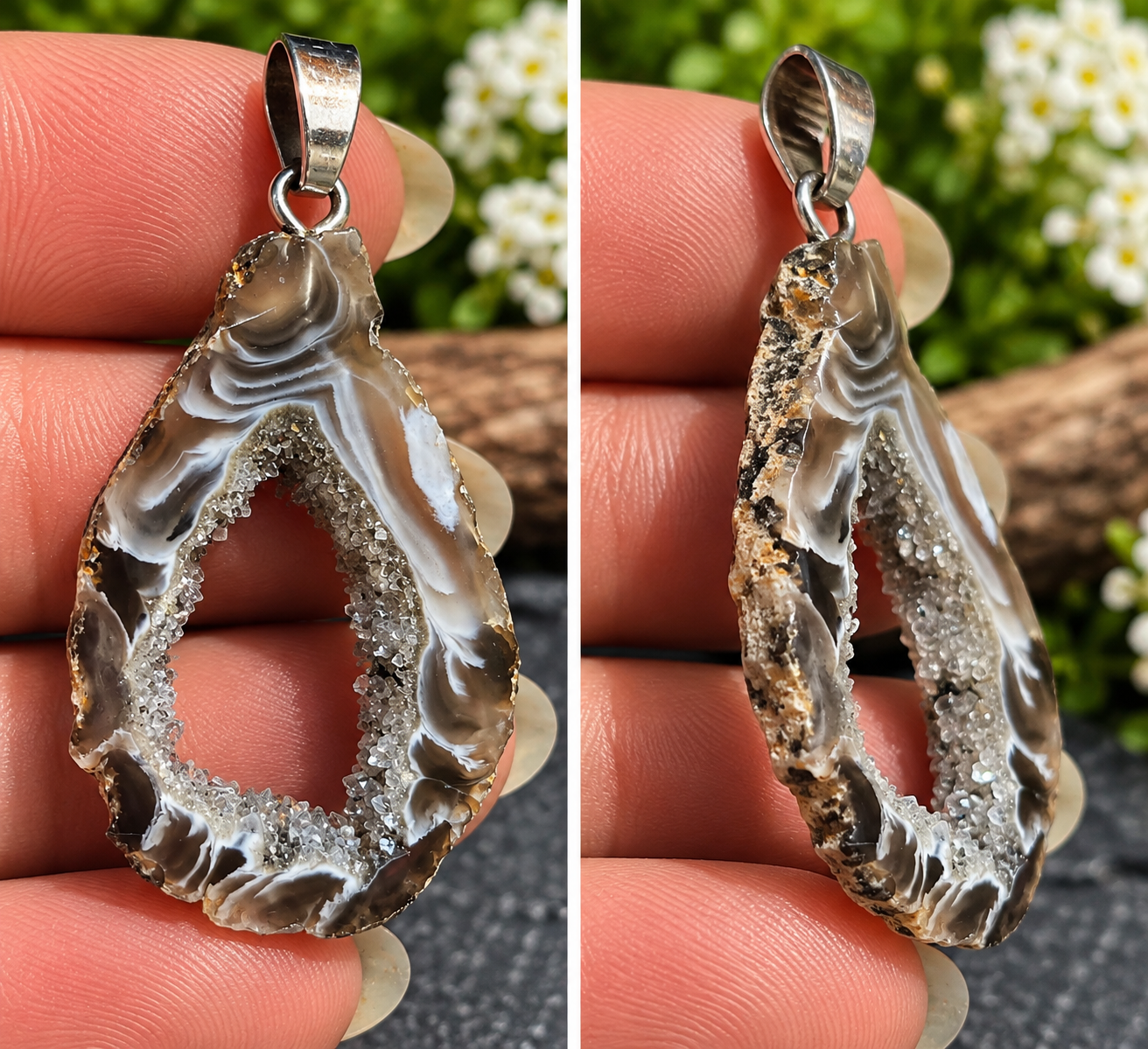 Pendentif en tranche d'agate à cœur de druse – Pièce unique