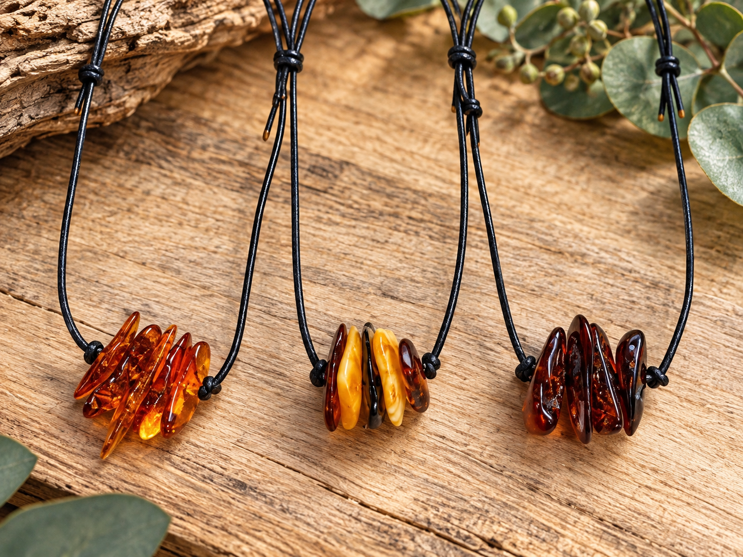 Collier en ambre naturel sur cordon de cuir réglable – 4 modèles