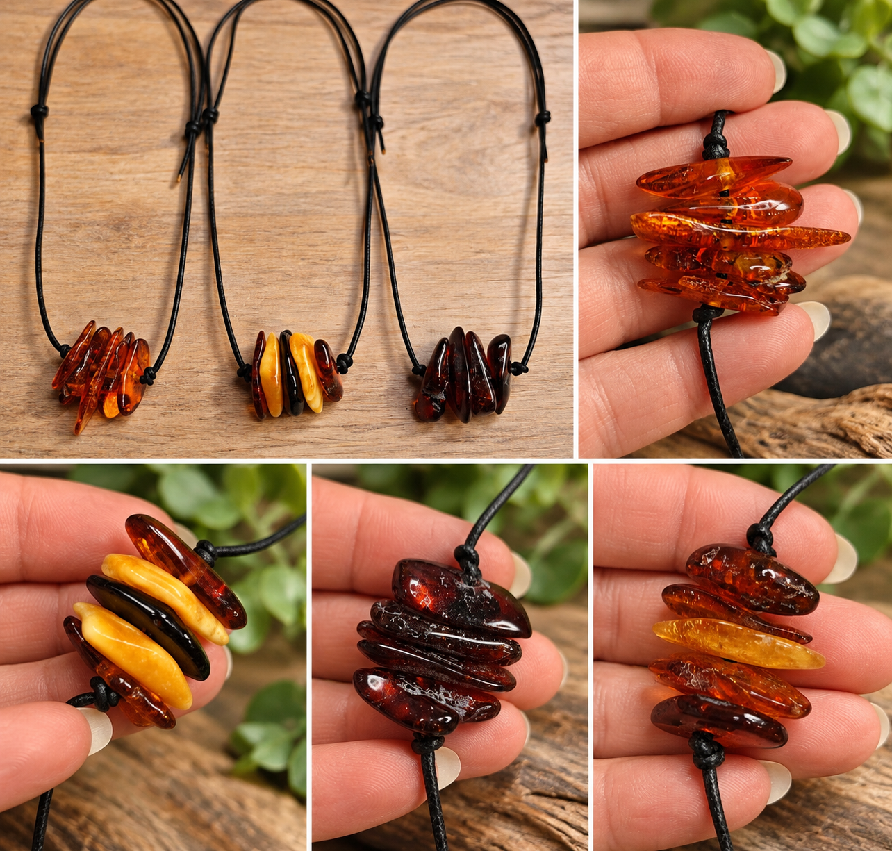 Collier en ambre naturel sur cordon de cuir réglable – 4 modèles
