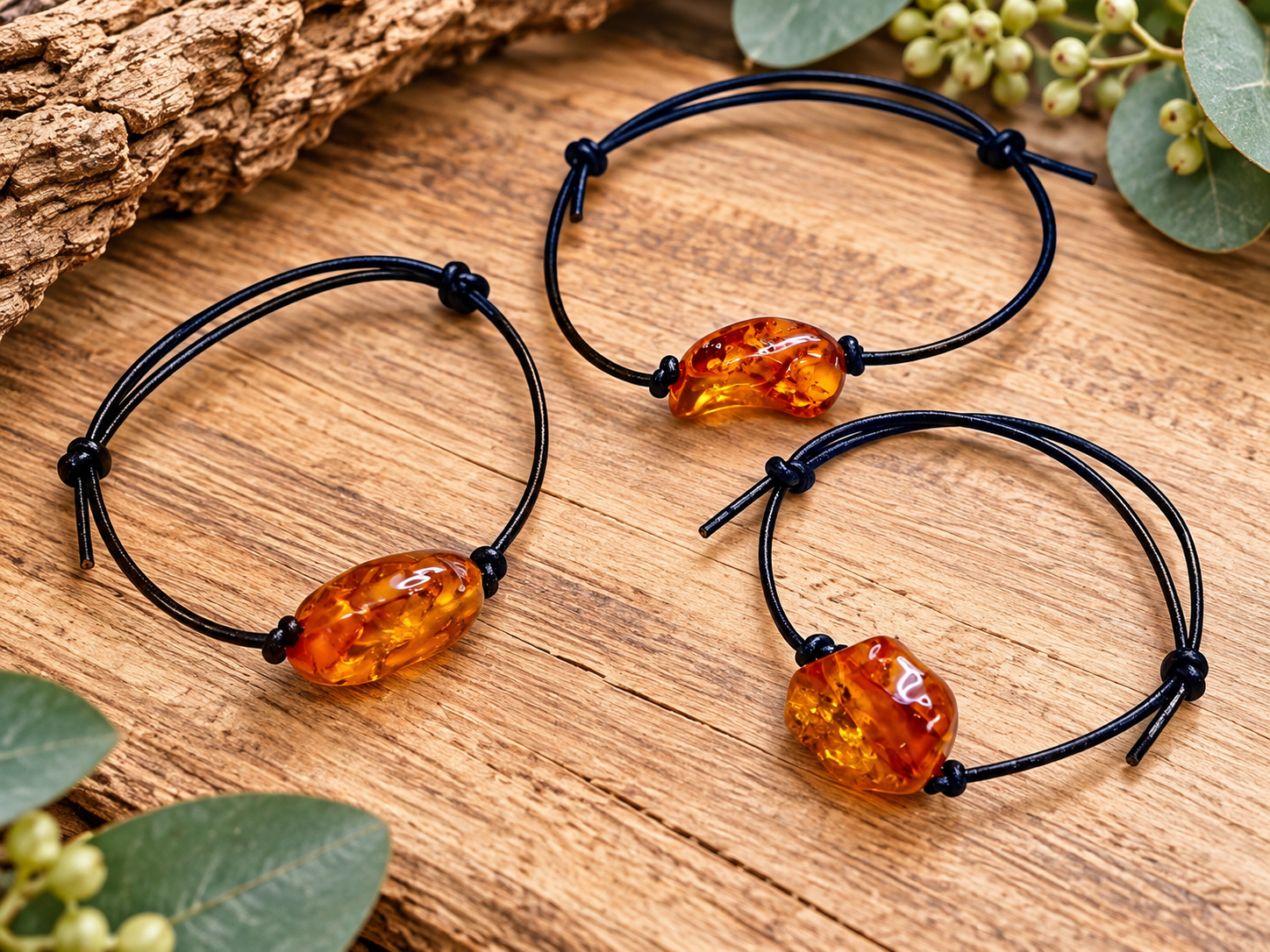 Bracelet en ambre blond naturel sur cuir noir – Réglable
